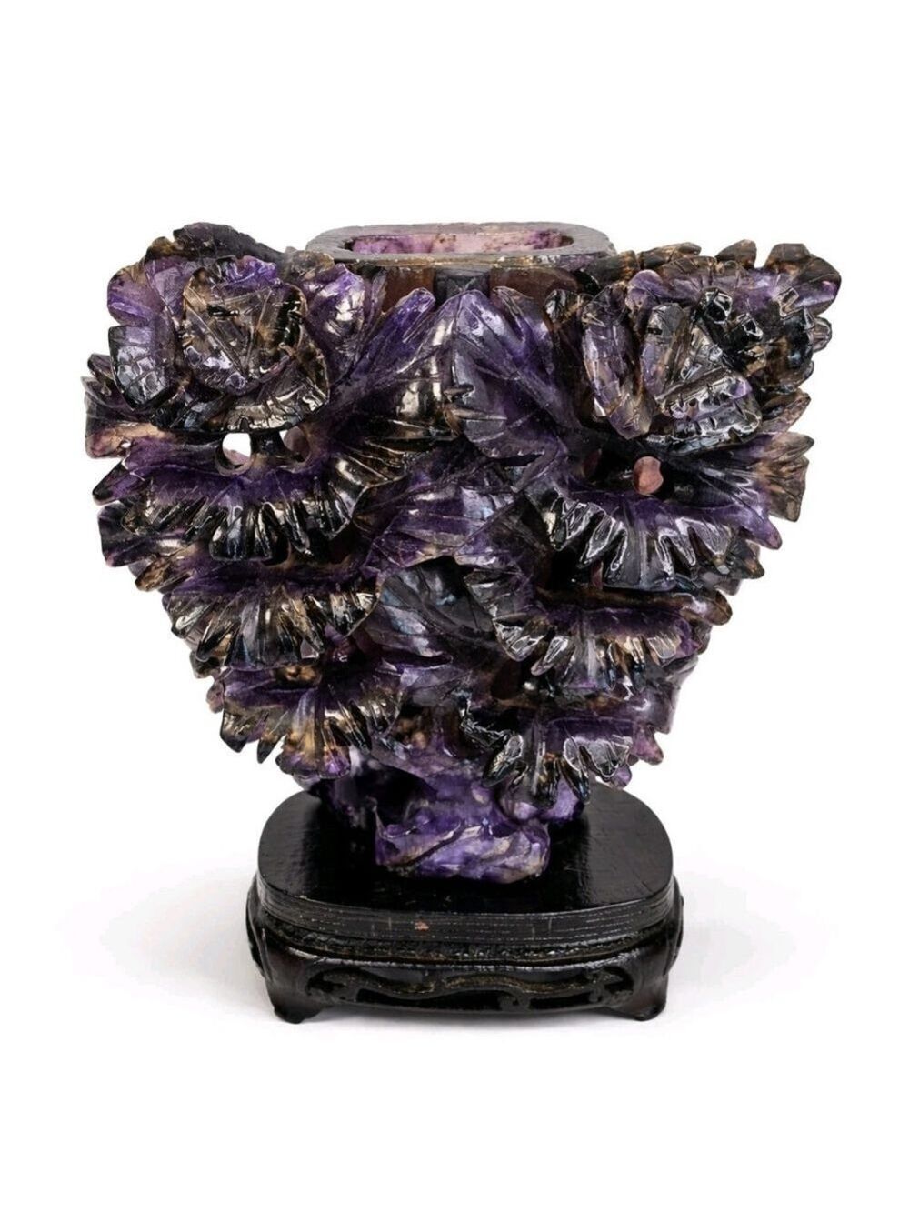 Amethyst Purple Floral Hand Carved Art Studio Vase Large Heavy Stunning Chinese